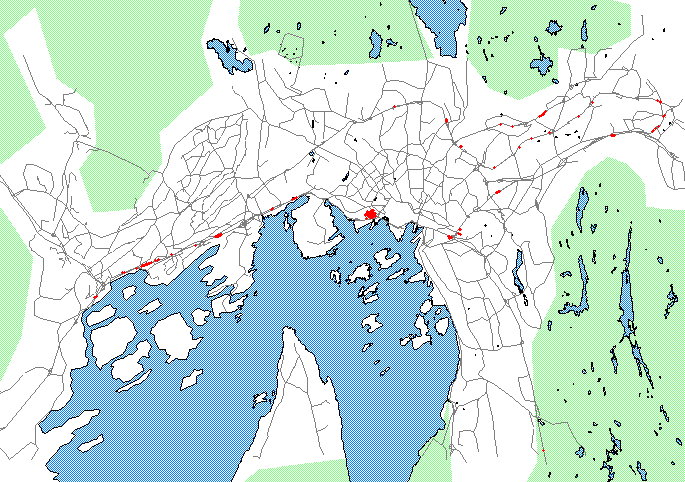 høyeste døgnmiddelkonsentrasjon av PM 10 i Oslo og Bærum for 2015 med modellert tiltakspakke. Figuren viser konsentrasjonsfordelingen angitt i µg/m 3.