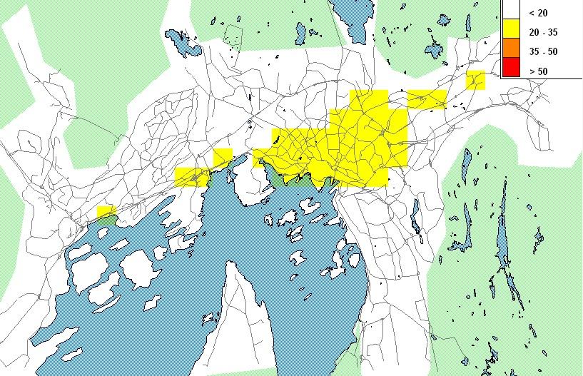 Tiltaksutredning for luftkvalitet i Oslo og Bærum kommune 64 Figur 31. 36. høyeste døgnmiddelkonsentrasjon av PM 10 i Oslo og Bærum for referansesituasjon (2015).