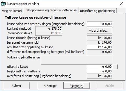 Kasserapport (Z-Rapport) 23 av 41 Her fyller en inn nødvendige data (felt med hvit bakgrunn). Inngående beholdning: Hva som var i kassen ved start av dagen.