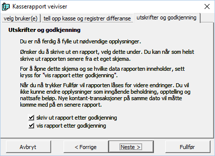 Hvis det er en differanse mellom beregnet og opptelt, kan en forklaring skrives. Uttak fra kasse: Her registrerer du hva som er tatt ut av kassen.