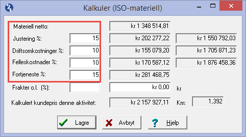 I denne boksen kalkulerer jeg materiellet ved hjelp av satsene jeg skriver inn nedenfor Her er satsene jeg justerer for materiell til