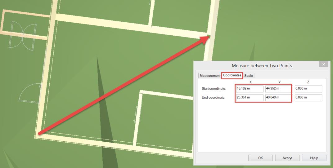 Jeg åpner ARK Thomas sin IFC fil i DDS-CAD viewer Jeg måler på de samme punktene på