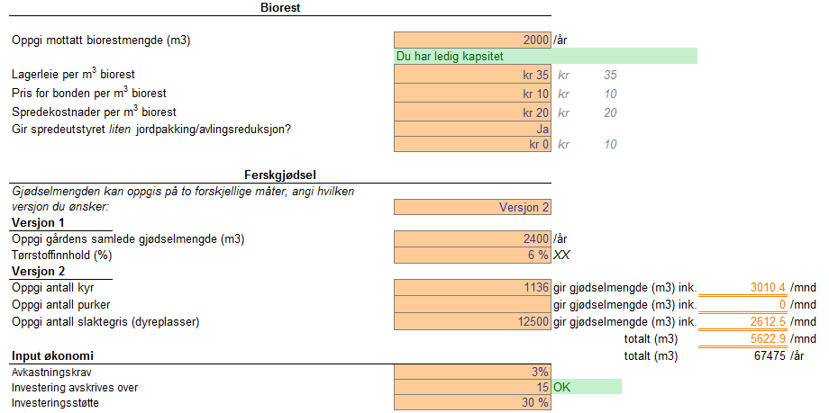 Figur 2 "Gården" Figur 3 "Gården" Vitkige nøkkelord for denne fanen er knytet tankløsninger, biorest og gjødselmengder. Ferskgjødsel mengdene kan oppgis på to forksjellige måter.