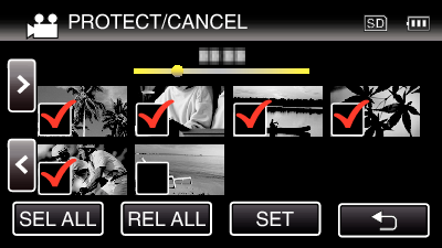 Redigering Beskytte/oppheve beskyttelse av valgte filer Beskytter eller opphever beskyttelsen for valgte filer 1 Åpne LCD-skjermen 6 Trykk på filene du vil beskytte eller oppheve beskyttelsen av 0