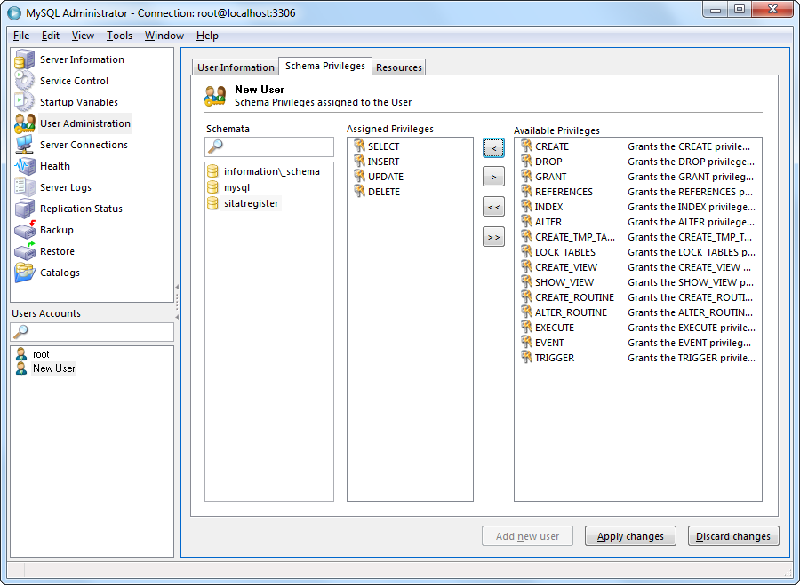 118 Snarveien til MySQL og Dreamweaver CS5 4 Klikk så på knappen Add new user nederst i bildet 5 Fyll ut med webgrensesnitt som brukernavn og drossap i de to passordfeltene 6 Velg fanen Schema