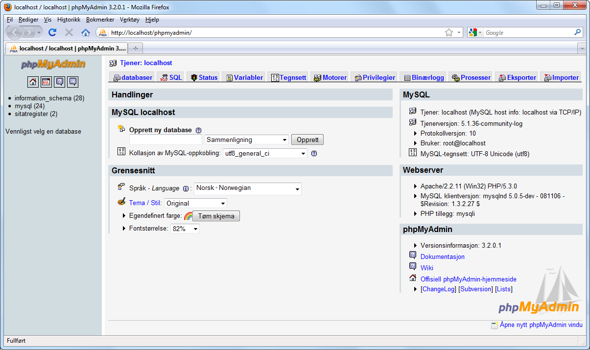 12 ARBEIDE MED SQL 119 phpmyadmin Et alternativ til å benytte QueryBrowser er å benytte et verktøy kalt phpmyadmin.
