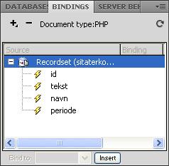 126 Snarveien til MySQL og Dreamweaver CS5 6 Fyll ut sitaterkomplett som Name og sitatkobling som Connection 7 Velg attributtet id i sitat-tabellen under Database items sin Tables-gren, og trykk på