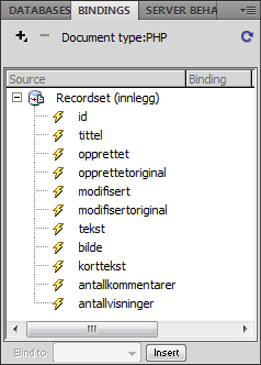 166 Snarveien til MySQL og Dreamweaver CS5 Lage opplisting av innlegg Vår første webside skal liste opp alle innleggene med bilde, tittel, kortversjonen av teksten, dato opprettet, antall visninger