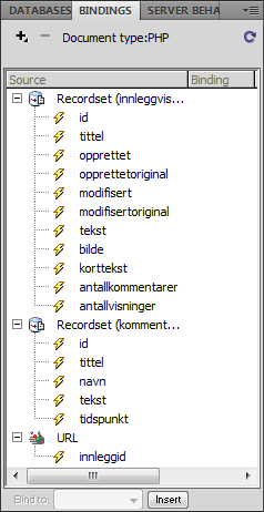 174 Snarveien til MySQL og Dreamweaver CS5 4 Velg pluss-knappen og så Recordset 5 Benytt først den enkle versjonen av dialogboksen, og gi datasettet navnet kommentarer.