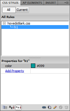 44 Snarveien til MySQL og Dreamweaver CS5 6 Trykk OK i dialogboksen, og alle heading 1 elementer på siden (kun ett foreløpig) får denne nye stilen.