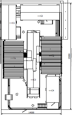 Planskisse som viser standard arrangement for mobil omformerstasjon med transformatorer og containere for koblingsanlegg, omformerenhet, kontrollrom og filtre. 6.