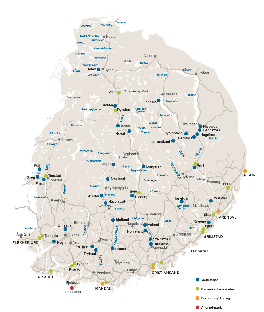 Figur: Kartet viser Agder Energis anlegg i Agder-fylkene.