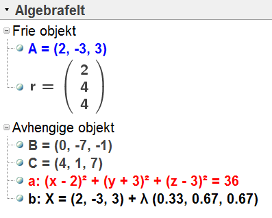 Vi kan nå velge hvilken form likningen for kula skal ha. Vi ser i algebrafeltet at likningen kan omformes til ( x 2) ( y 3) ( z 3) 6 2 2 2 2.