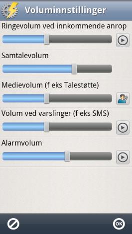 6.4.2 Voluminnstillinger Via Hurtiginnstillinger kan man enkelt endre de ulike volumene: Når man trykker på pilen til høyre for Volum kommer man til skjermen Voluminnstillinger.