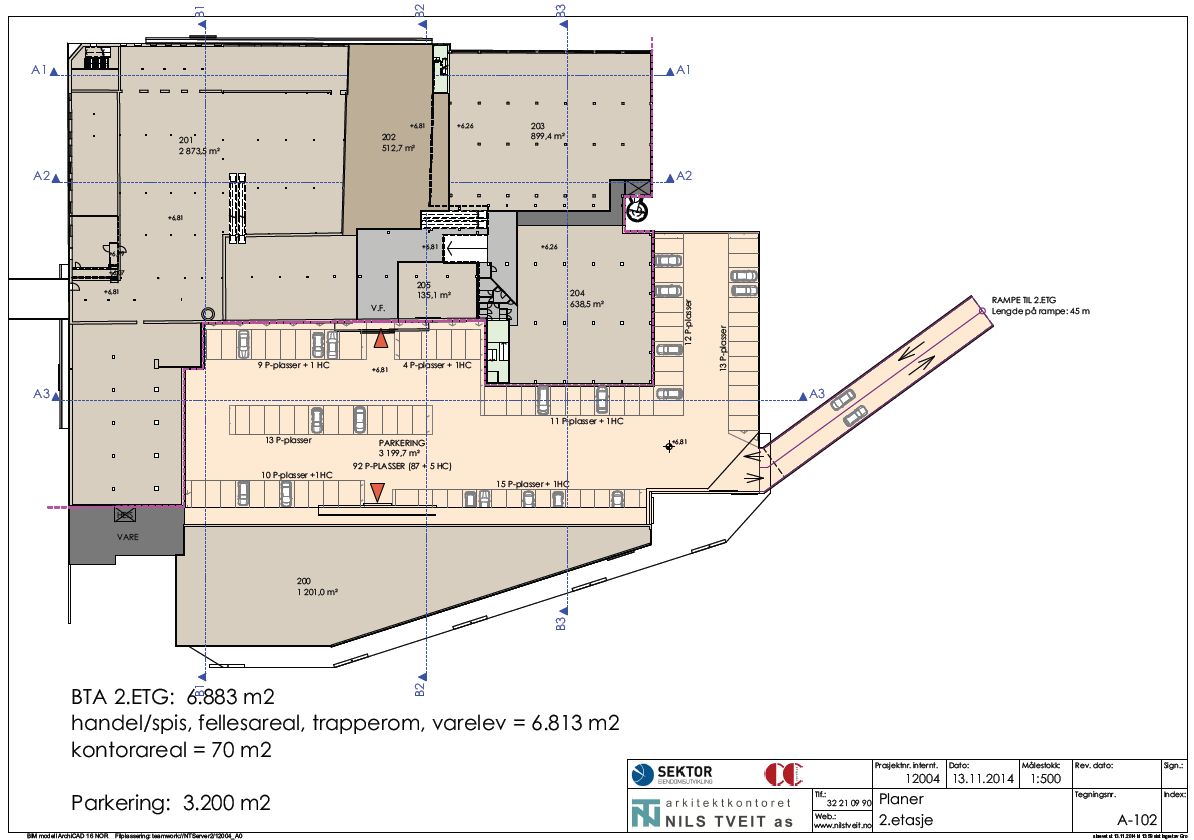 CC DRAMMEN - SØKNAD OM DISPENSASJON VEDLEGG 2 PARKERING PÅ TAK Tiltak Det er prosjektert ca. 3 200 m2 parkering i plan 2 uten overdekning som vist under (figur 5).