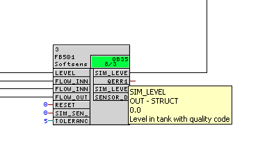 9 Programmering Tabell 9-4 Inn- og utganger på softsensorblokken Parameter Datatype Kommentar LEVEL STRUCT Nivå i tank fra nivåmåler FLOW_INN1 STRUCT Strømning inn i tanken FLOW_INN2 STRUCT Strømning
