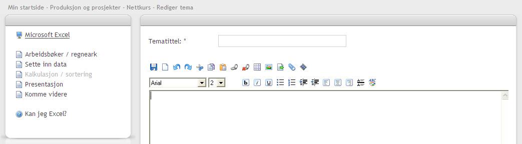 4.2 Nytt nettkurs For å opprette et nytt nettkurs, klikk på menyvalget Opprett nytt nettkurs på prosjektsiden. Da åpnes tekstredigeringsverktøyet, og du kan lage en startside for kurset (rik tekst).