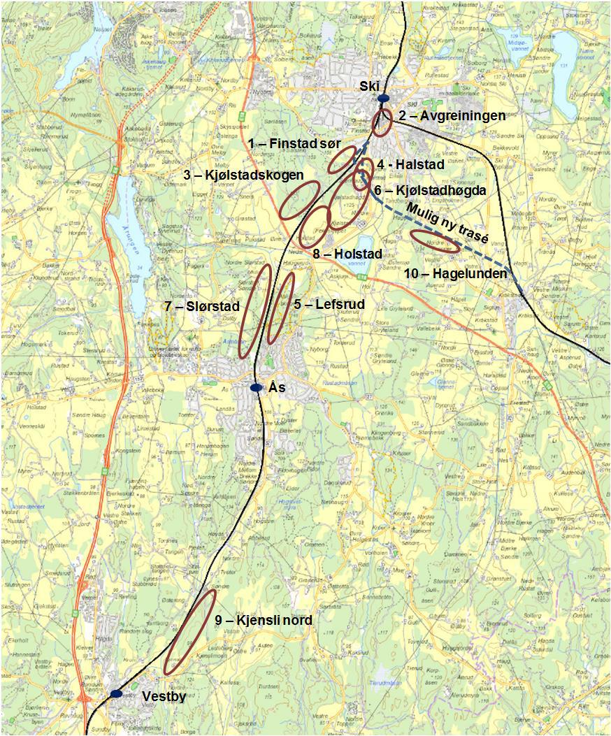 Figur: Oversiktskart Ski området (Kilde: Jernbaneverkets Kartvisning) I tabellen nedenfor er det vist avstand fra Ski stasjon og areal for de ulike lokaliseringer.