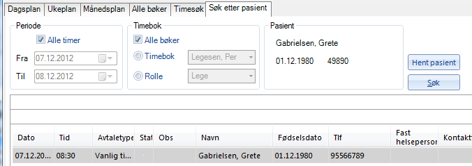 Søke etter en pasient i timebok Denne funksjonen er mye brukt. Ofte ringer noen inn og sier at de ikke husker når de har time. Det kan du finne ut med noen få tastetrykk. 1.