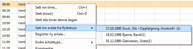 8.8.1. Flytte timeavtaler enkeltvis 1. I timebok høyreklikker du på den avtalen du ønsker å flytte, og velger Flytt avtale. 2. Finn en ledig time et annet sted i avtaleboka, og klikk på timen.