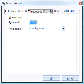 2. Tast inn Tidspunkt og velg Avtaletype. 3. Klikk på Ok. TIPS: Hvis du ønsker å sette inn flere nye timer i et tidsrom, kan du klikke på Timeoppsett og velge tidsrom og intervall for timene.