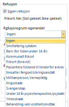 Refusjon: Her angir du kortets refusjonsforhold. Ved å merke av for Ingen refusjon vil hele takstbeløpene bli lagt til pasienten. Dette er nyttig for selvbetalende pasienter, f.eks.