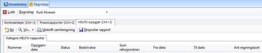 HELFO-rapport Innrapportering til HELFO gjøres normalt to ganger i måneden. HELFO-rapporten finner du ved å klikke på Regnskap i hovedbildet.