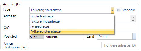 Sivil status: Her kan du fylle inn pasientens sivilstatus. Adresse: Velg adressetype fra listen før du skriver inn adressen. Du kan registrere flere adresser, for eksempel en ferieadresse.