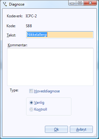 Her kan du endre navnet på diagnosen, legge inn kommentar, og velge om det er hoveddiagnose og om det er vanlig eller kontroll.
