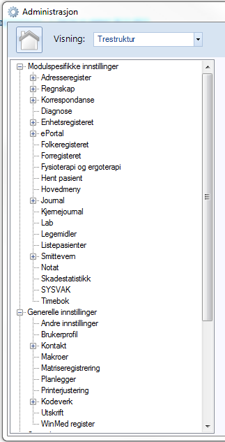 Trestrukturen er delt inn i disse hovedgruppene: Modulspesifikke innstillinger Generelle innstillinger WinMed logg Sikkerhetsinnstillinger Rapportering Nederst i høyre hjørne på alle bilder i