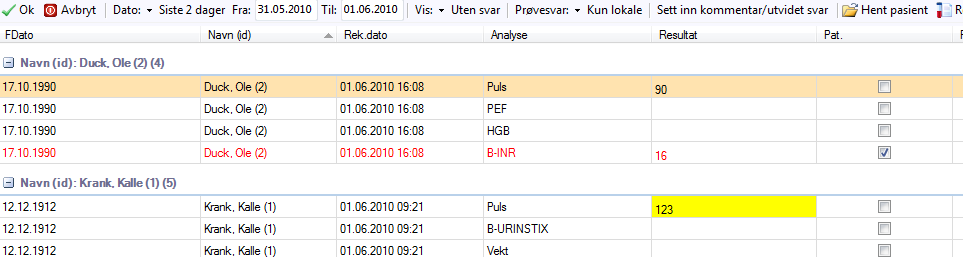 I bildet vil du se prøver som er rekvirert på pasienter de to siste dagene. Du kan selv endre datointervallet til for eksempel Alle.