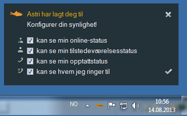 Følgende elementer kan konfigureres: kan se min online status (pålogget / ikke pålogget mypbx) kan se min tilstedeværelses-status (precence) kan se min opptatt status kan se hvem jeg snakker med