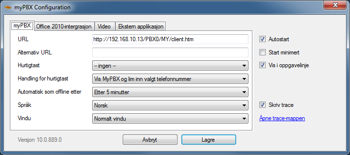 Konfigurasjon Høyreklikk på mypbx ikonet på oppgavelinjen for åpne konfigurasjonsmenyen.