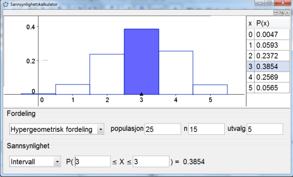 Hypergeometrisk fordeling For å illustrere hypergeometrisk fordeling, velger vi å løse oppgave 3.282 a i cosinus R1. Oppgave 3.282 i cosinus R1 I en kurv ligger det 15 røde og 10 blå kuler.