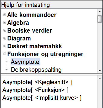 I versjon 3.2 kunne vi få fram aktuelle kommandoer ved å klikke på nedtrekkspila til høyre for inntastingsfeltet, for å få en oversikt over tilgjengelige kommandoer. (Se figuren til venstre nedenfor.