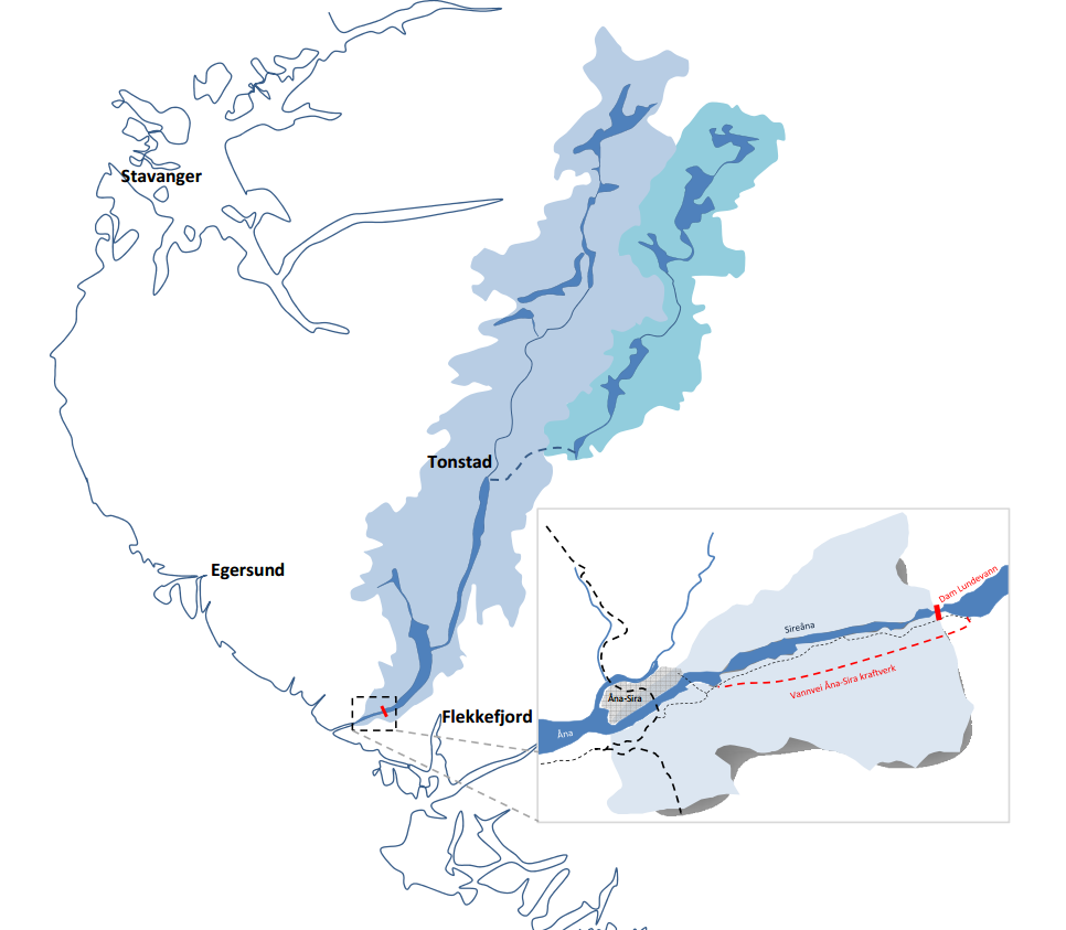 Anadrom strekning fra Turbinhølen og opp til Helvetesfossen nedstrøms demning er ca 2 km lang. Steinura i Helvetesfossen er naturlig vandringshinder.