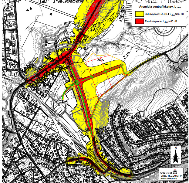 Retningslinjens grenseverdier for utendørs trafikkstøy er gjengitt nedenfor: Tabell 1 fra støyrapporten.