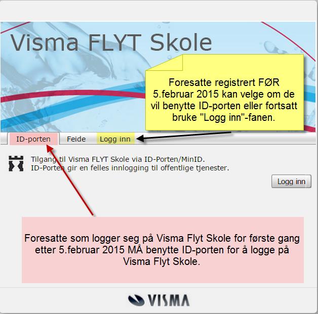 Innlogging: Innlogging til VFS skjer via ID-porten, det betyr at kommunen må ha en avtale med DiFi for dette oppsettet. Ved innlogging til VFS går du til adressen: skole.visma.com/kommunenavn.