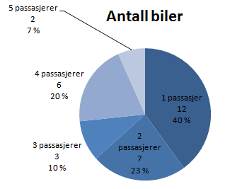 b) Framstill datamaterialet i et sektordiagram. Hvor stor del av bilene har mer enn én passasjer? Vi bruker regneark.