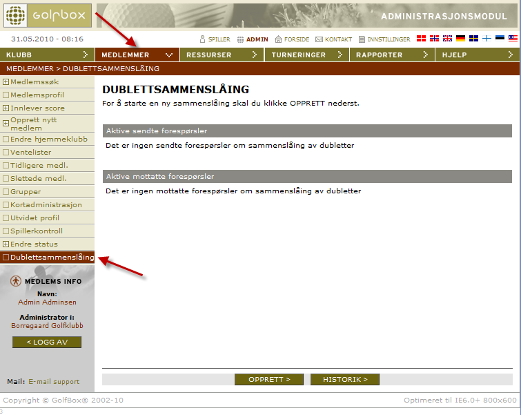 Dublettsammenslåing I funksjonen dublettsammenslåing kan klubben selv finne ut om et medlem ligger registrert med flere profiler i GolfBox, for så å slå disse sammen til en profil.