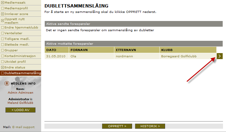I menyen Dublettsammenslåing ser nå andre involverte klubber at de har en aktiv