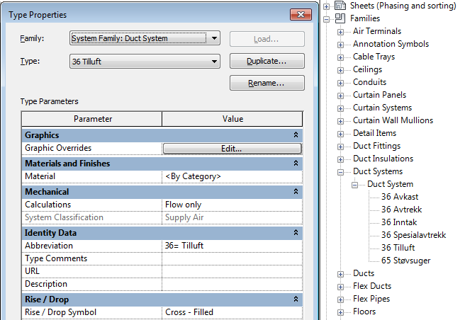 4. Systemer (VVS) Systemer for ventilasjon og rør i Revit er bygget opp slik: System classification System Type System Name Alle systemer av samme type skal være definert under samme systemtype.