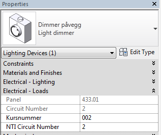 7. Kursnummer Elektro Kursnummerering i Revit starter fast på nr 1 og videre 2,3,4 uten hull i rekken.