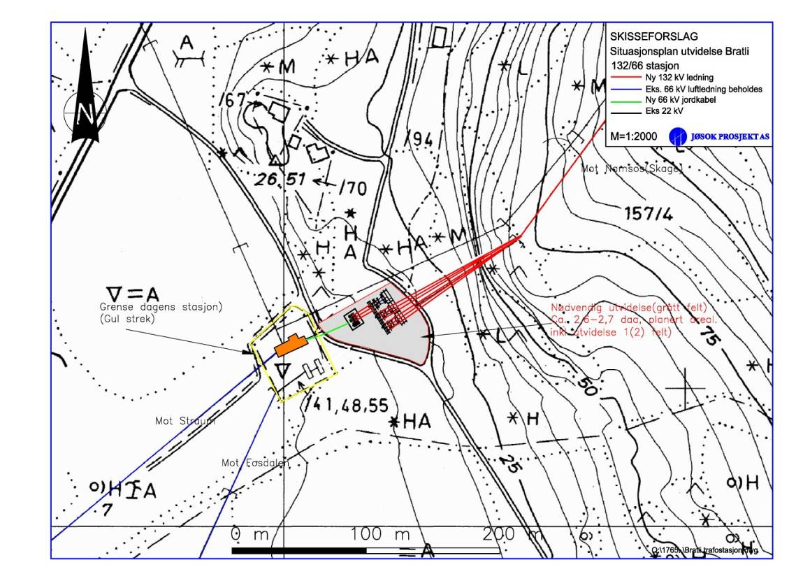Figur 4. Situasjonsplan for utvidelsen av Bratli transformatorstasjon. 5.1.5 Utvidelse av Straum transformatorstasjon Stasjonene eies av Trønderenergi Nett (TEN).