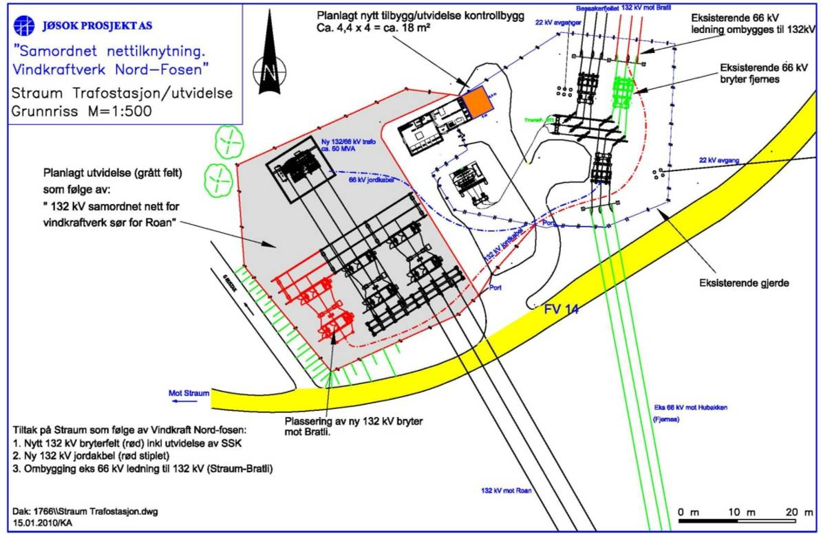 Figur 5. Situasjonsplan for utvidelsen av Straum transformatorstasjon. 5.2 Teknisk beskrivelse av 132- og 66 kv-ledninger Ledningene vil i hovedsak bestå av tremaster med tre faseliner.