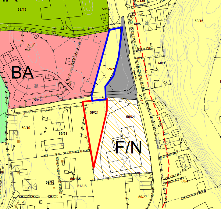 A21 Torød sentrum Gnr/bnr 59/21 Journalpostnr 13/30129 Dagens formål Bolig Foreslått formål Parkering og kombinert byggeområde forretning/næring.