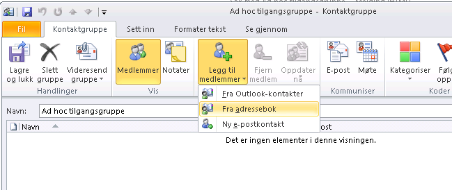 Trykk på Legg til medlemmer -> Fra adressebok Søk opp og legg til medlemmer fra adresselisten, på samme måte som man gjør ved bruk av adresselister for vanlig e-post.