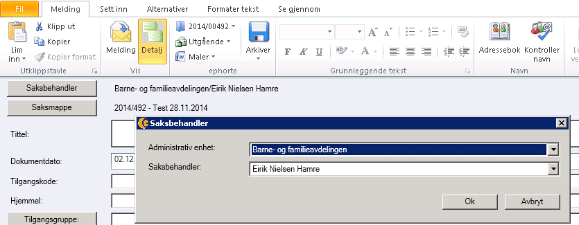 10.6 Knytte dokument til annen administrativ enhet eller saksbehandler I forbindelse med oppretting av nytt dokument har man i de fleste virksomheter mulighet til å endre hvilken administrativ enhet