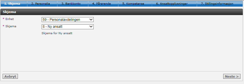 Følg veiviseren for å registrere en ny ansatt. Merk at det er kun stillingsopplysninger som går via saksgang, øvrig informasjon blir lagret fortløpende når du klikker Neste.