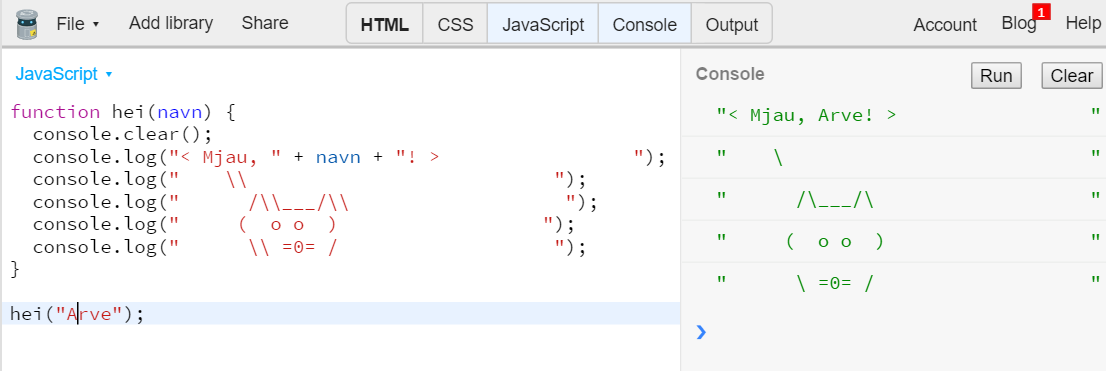 Hei JavaScript! Introduksjon Web Introduksjon I denne oppgaven blir du introdusert for programmeringsspråket JavaScript. Du skal gjøre den klassiske oppgaven Hei verden, med en katt.